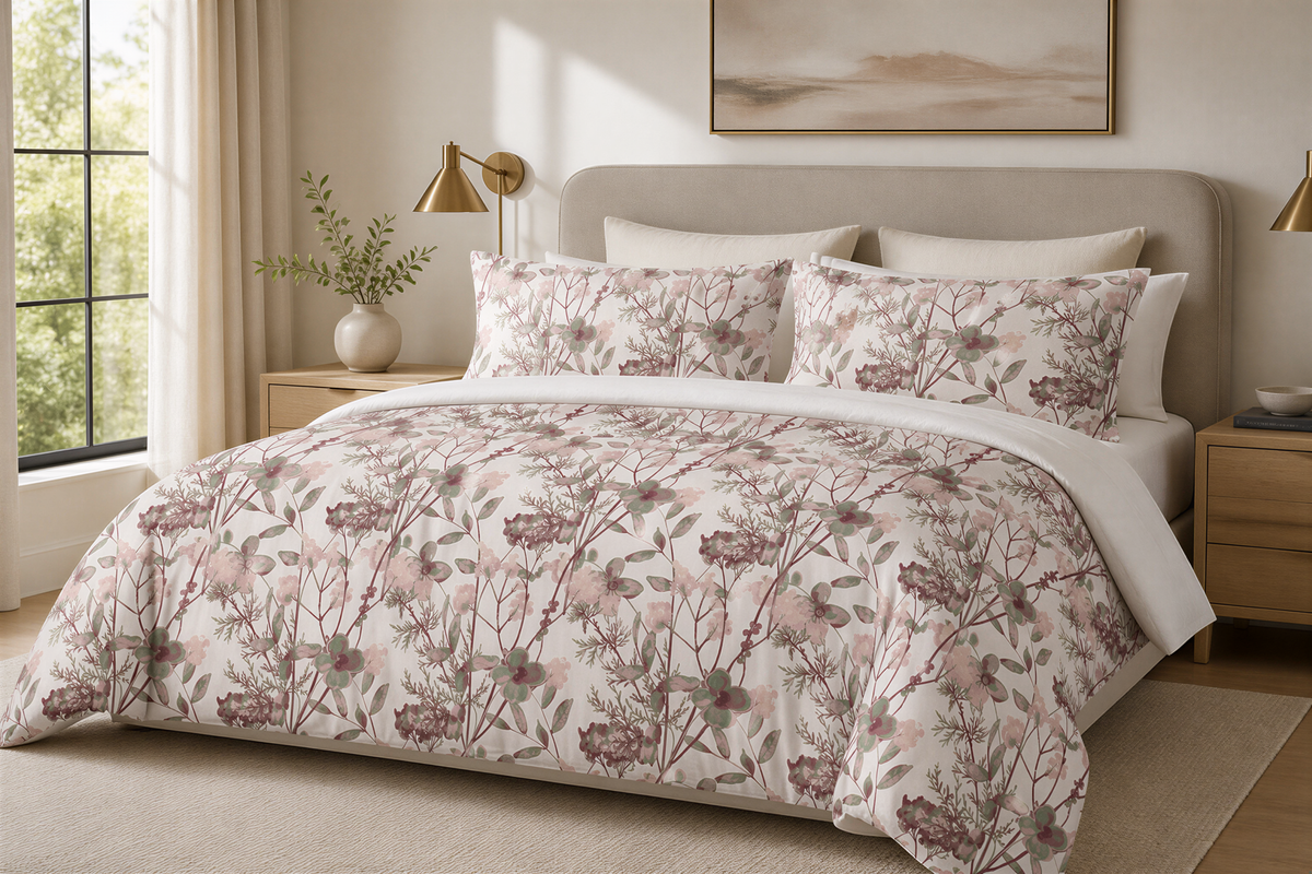 a bedroom with a large bed covered in a floral print comforter and pillows. The bed is positioned against a wall with a window, and there are two nightstands on either side of the bed. The room has a neutral color scheme with beige walls and a wooden floor.