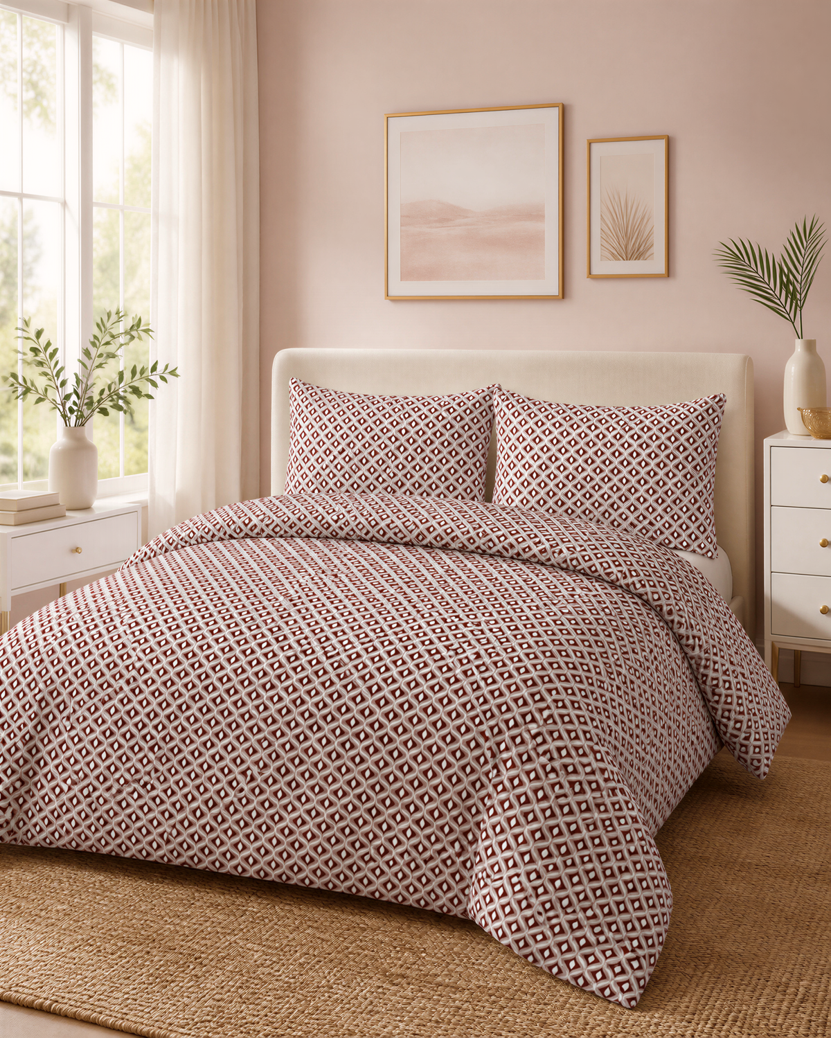 a cozy bedroom with a large bed adorned with a patterned comforter and pillows. The bed is positioned against a wall with a framed picture above it. The room also features a window, a dresser, and a plant, creating a warm and inviting atmosphere.