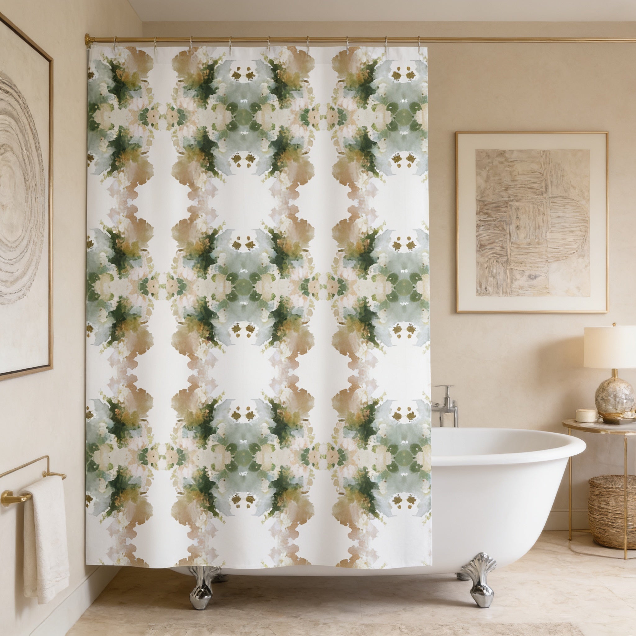 a bathroom with a white bathtub, a shower curtain with a repeating pattern of green and white flowers, and a framed artwork on the wall.