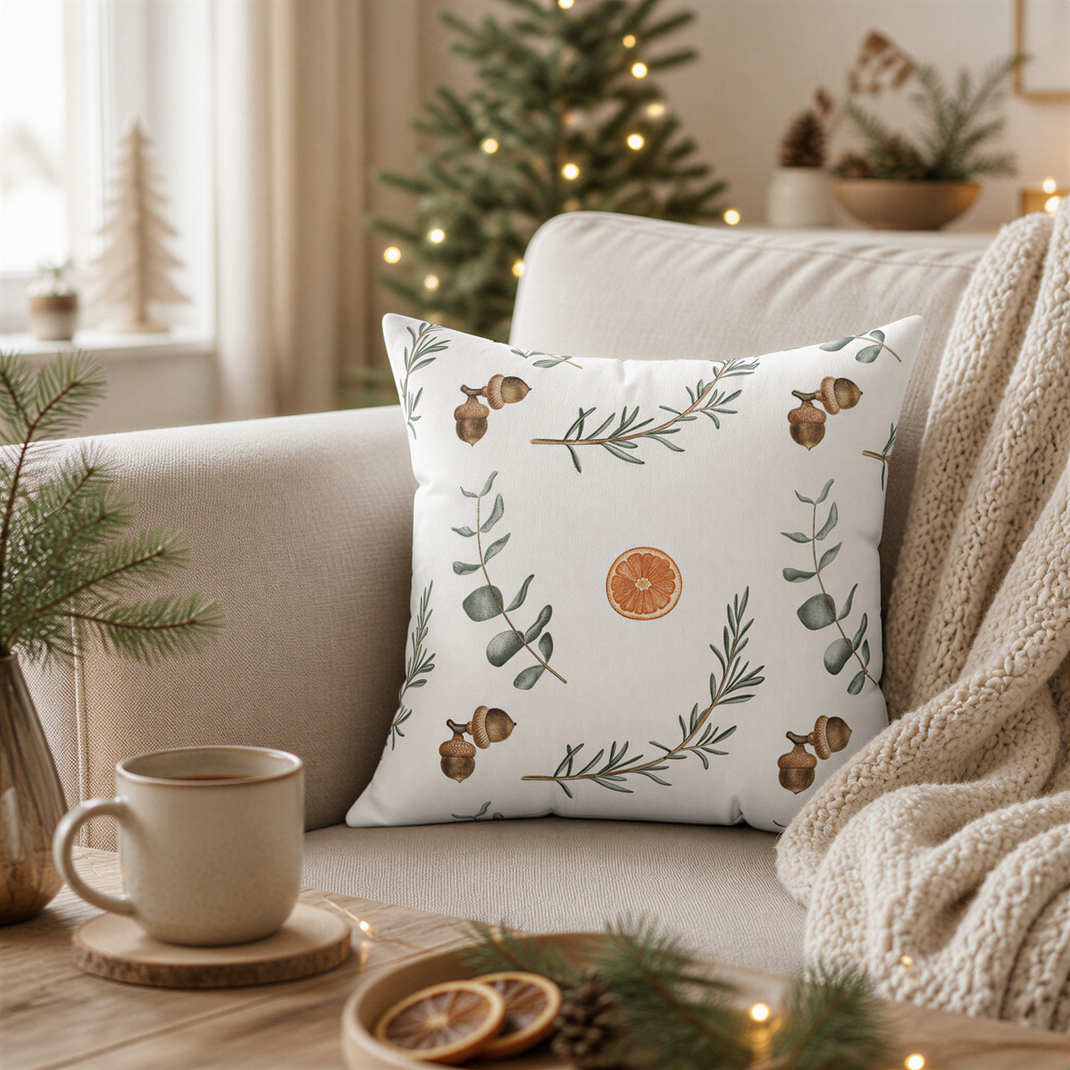Floral citrus pine needles Christmas pillow cover – cozy living room with a white sofa adorned with a decorative pillow featuring a floral pattern