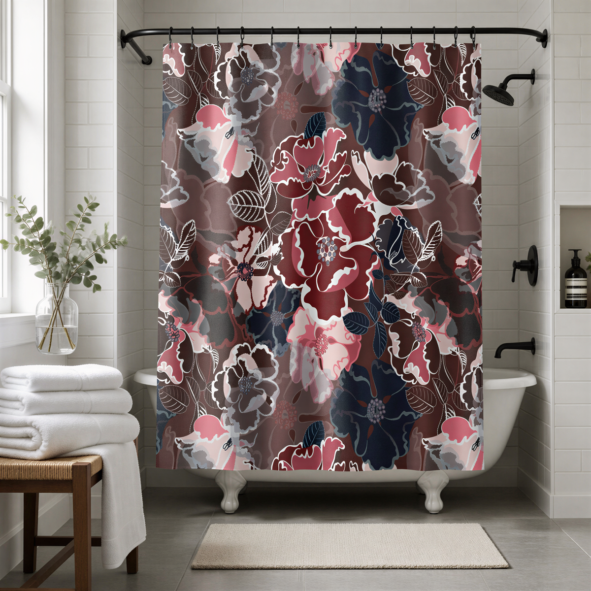 a bathroom with a floral patterned shower curtain, a white bathtub, and a wooden bench.