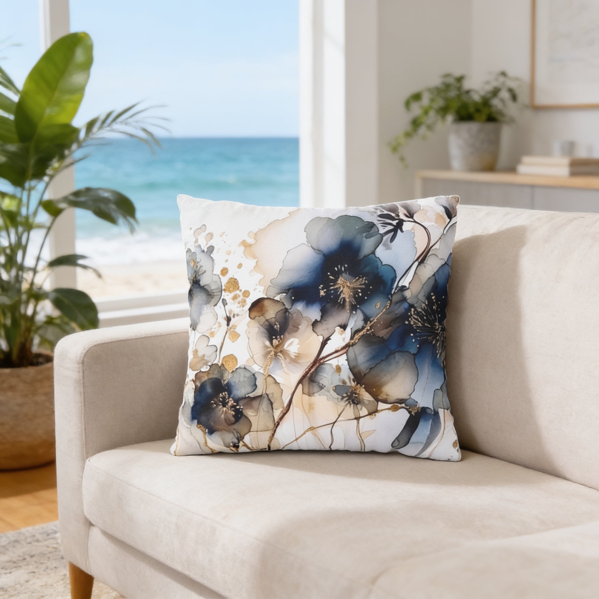 a living room with a beige sofa and a decorative pillow with a floral design. The pillow is placed on the sofa, and there is a window in the background that offers a view of the ocean.