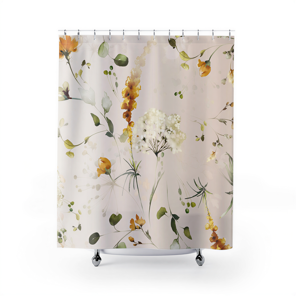 Floral Shower Curtain Beige White Yellow hanging in a bathroom