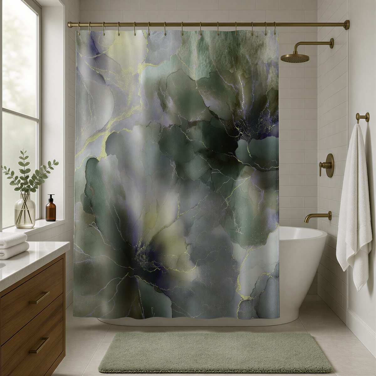 a modern bathroom with a large shower curtain featuring a floral pattern in shades of green and blue. The bathroom is well-lit, with a white bathtub and a sink visible. There is a green rug on the floor, and a potted plant is placed on the windowsill.