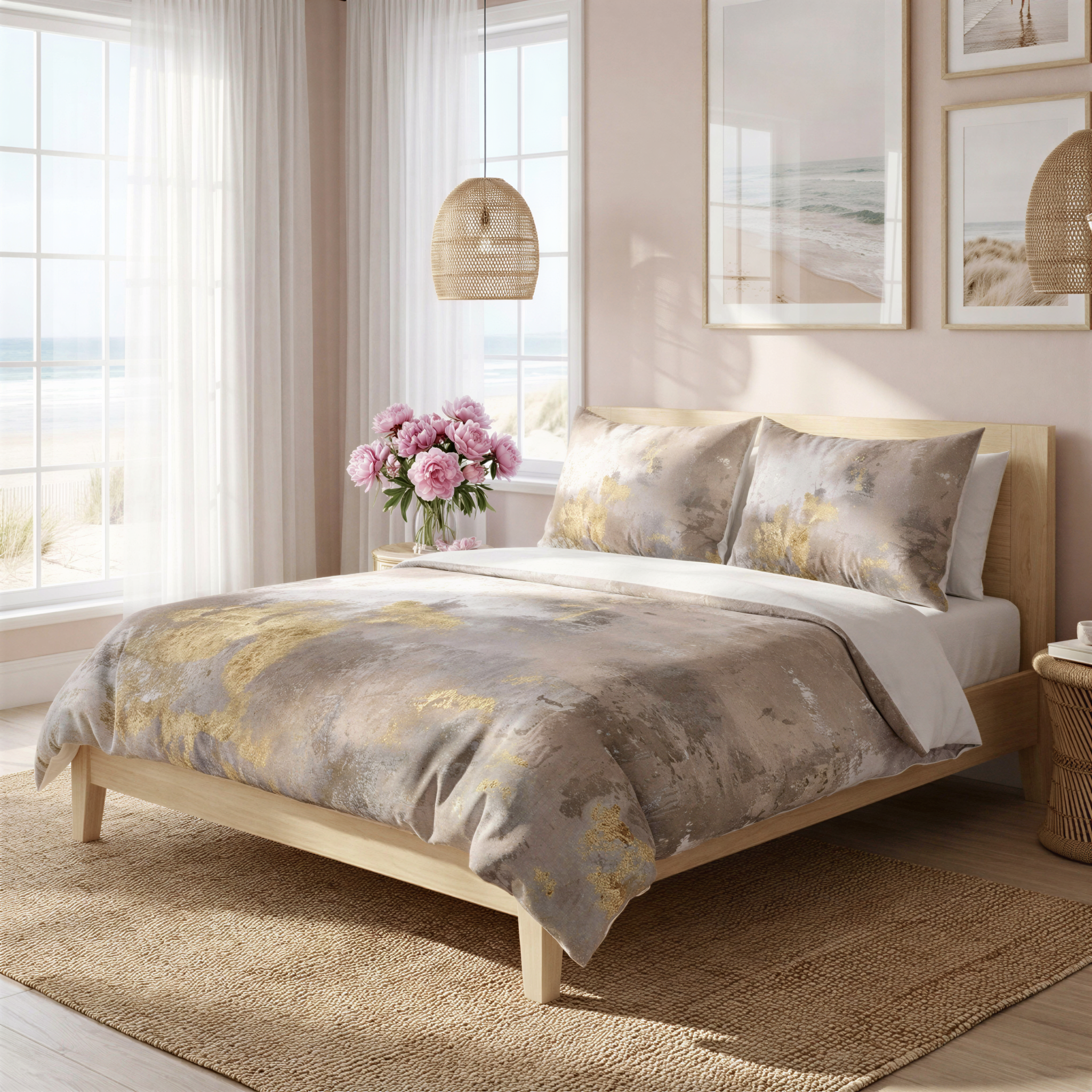 a serene and cozy bedroom with a large bed, a window overlooking the ocean, and a vase of pink flowers on the nightstand.