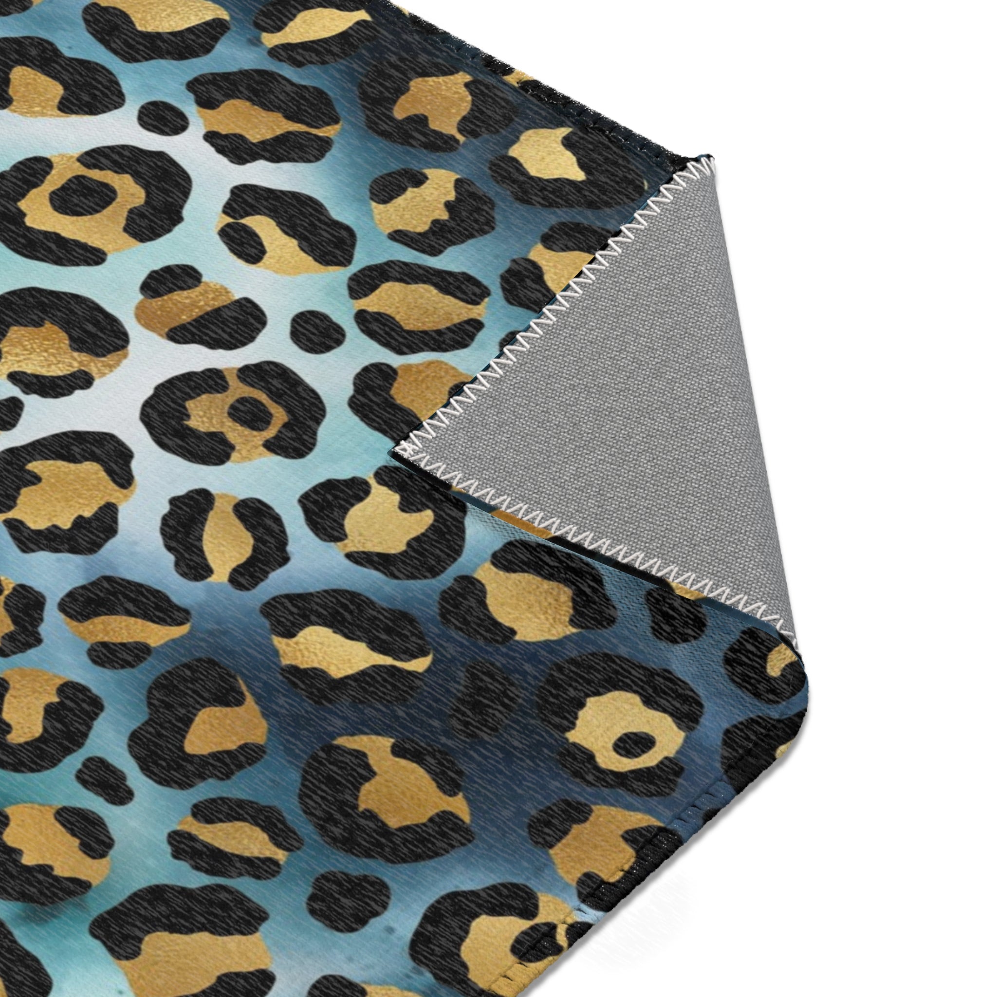 Boho Area Rug | Teal Blue Grey, Black Beige Leopard