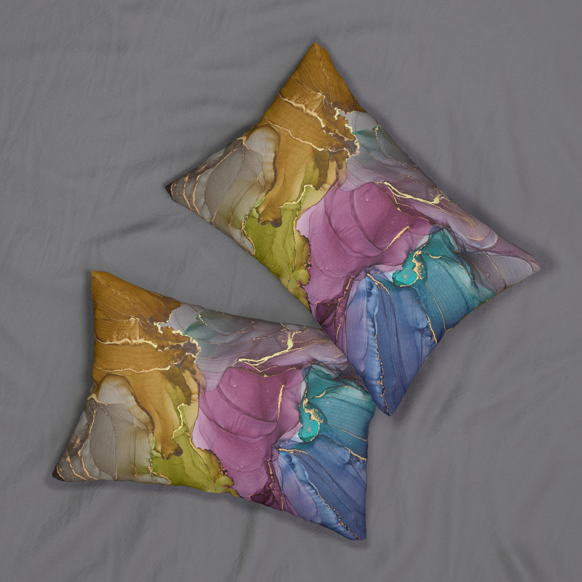 Mustard Magenta Teal Blue Alcohol Ink Lumbar Pillow