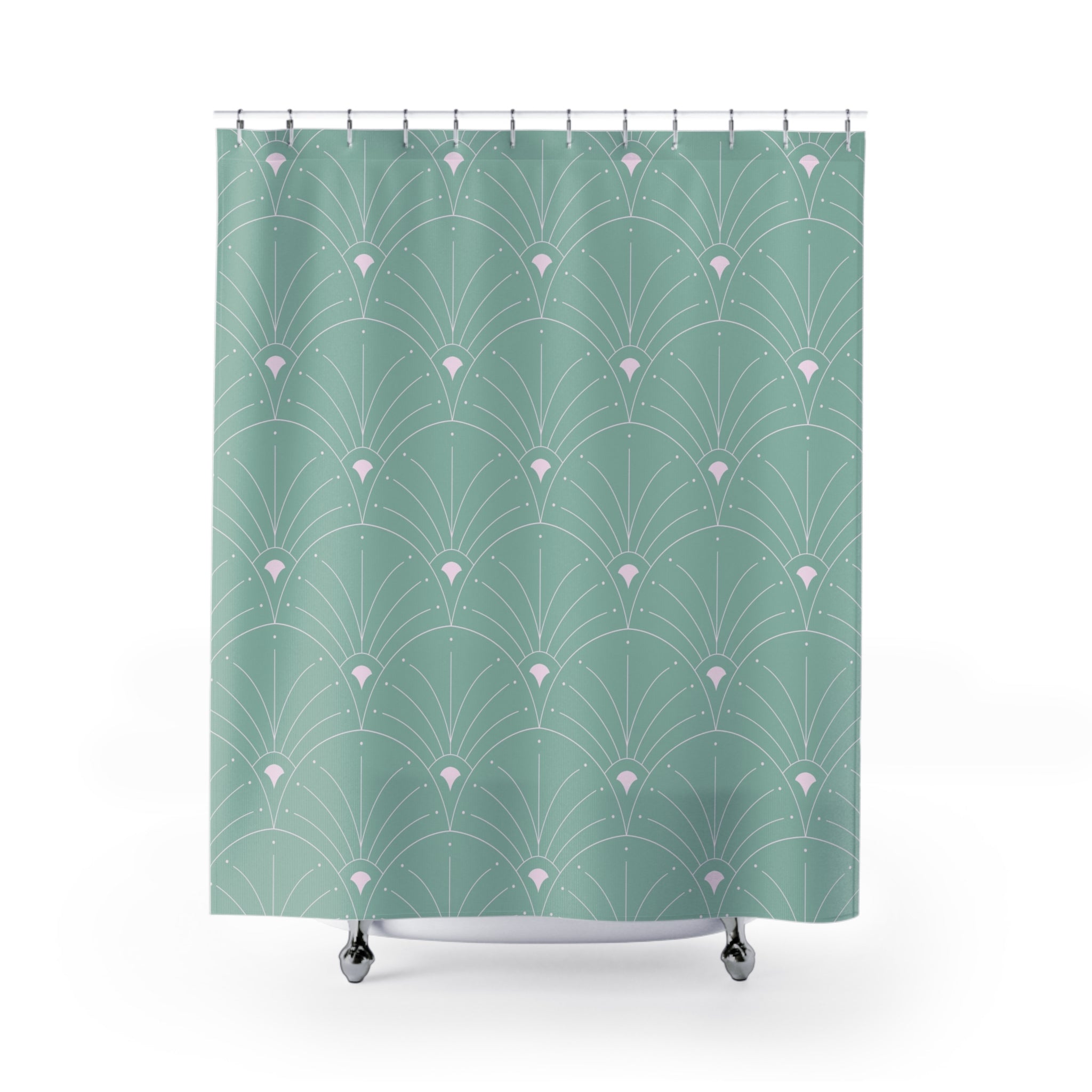 Art Deco Shower Curtain | Teal Sage Green, White Fan Bath Curtain