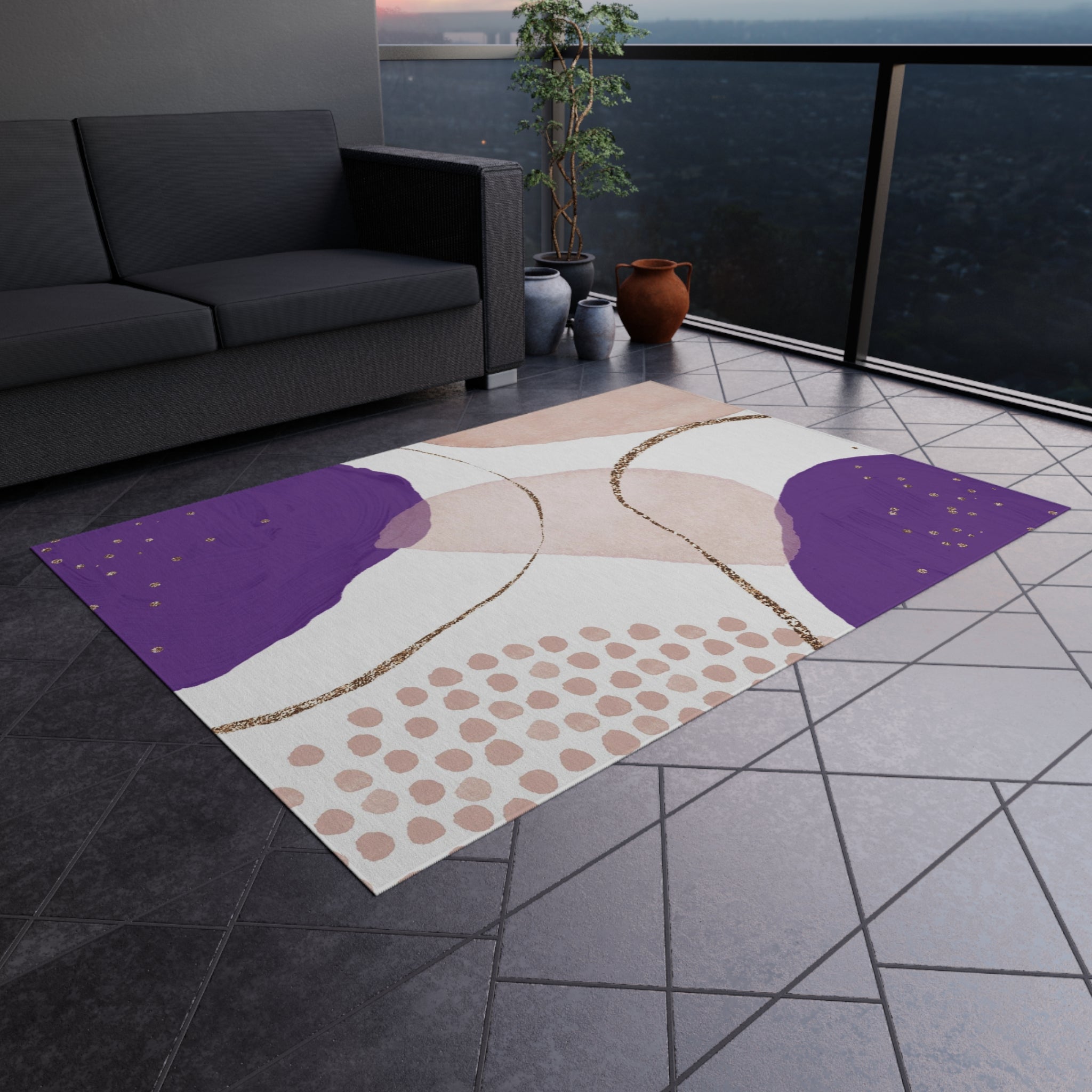 Abstract Large Outdoor Rug | Purple Pink White | Minimalist, Stylish Patio, Porch Floor Mat