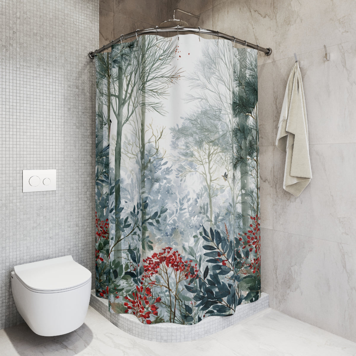 Green Teal Forest Bird Shower Curtain, Bath Curtain 71x74