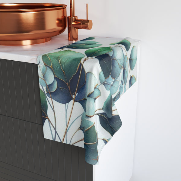 Floral Kitchen, Bath Hand Towel | Forest Green, Blue Eucalyptus Leaves