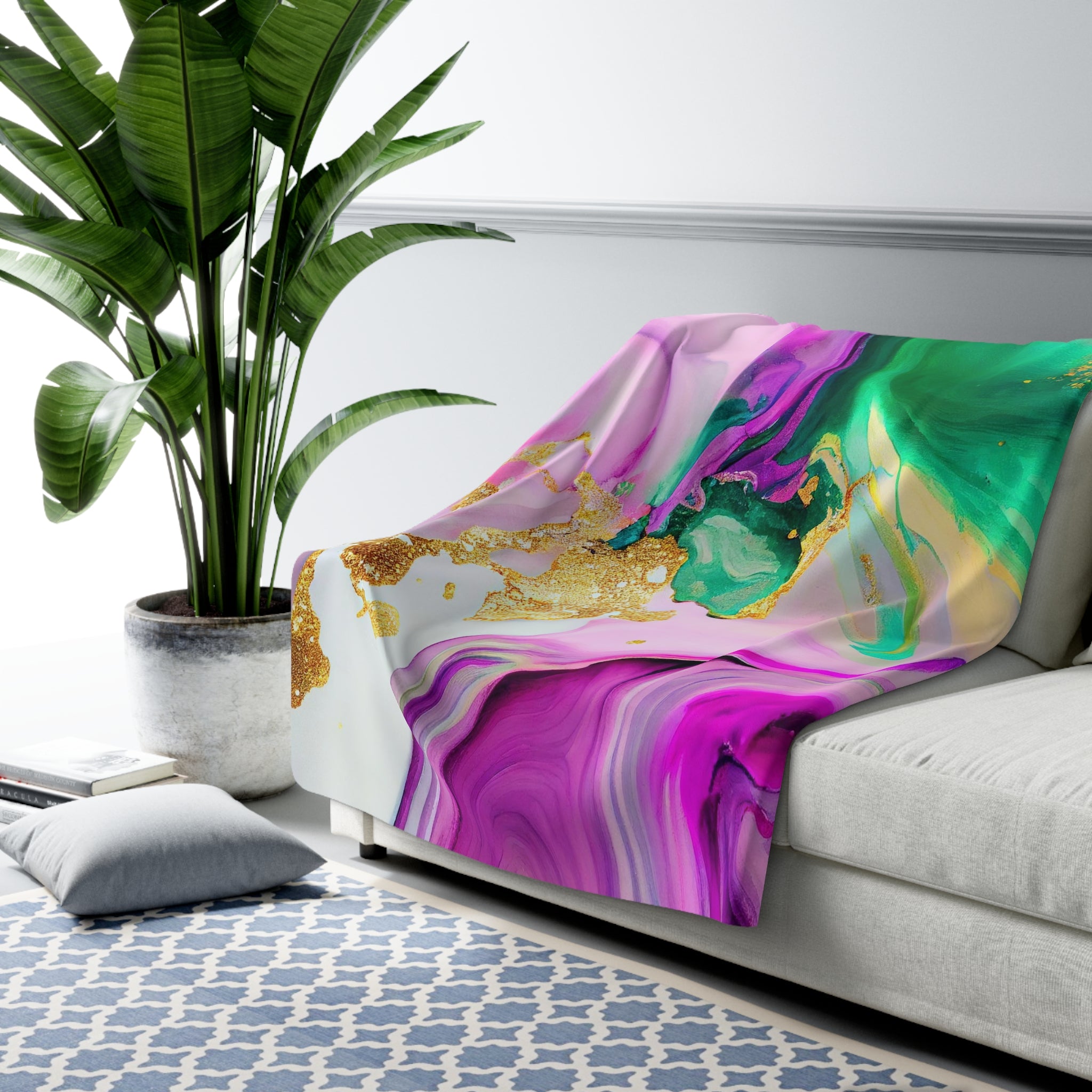 Marble Boho Blanket | Bright Pink, Green Gold