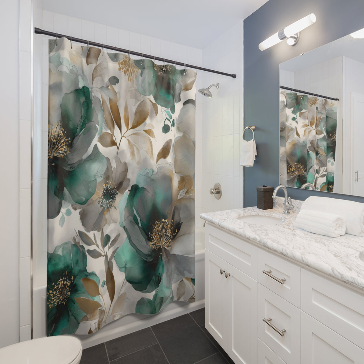 a modern bathroom with a white vanity, a large floral shower curtain, and a marble countertop.