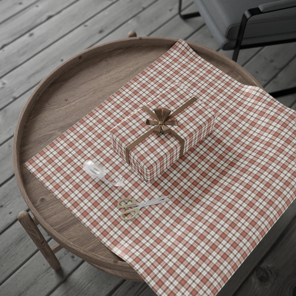 Pink Brown White Plaid Christmas Wrapping Paper, Gift Wrap