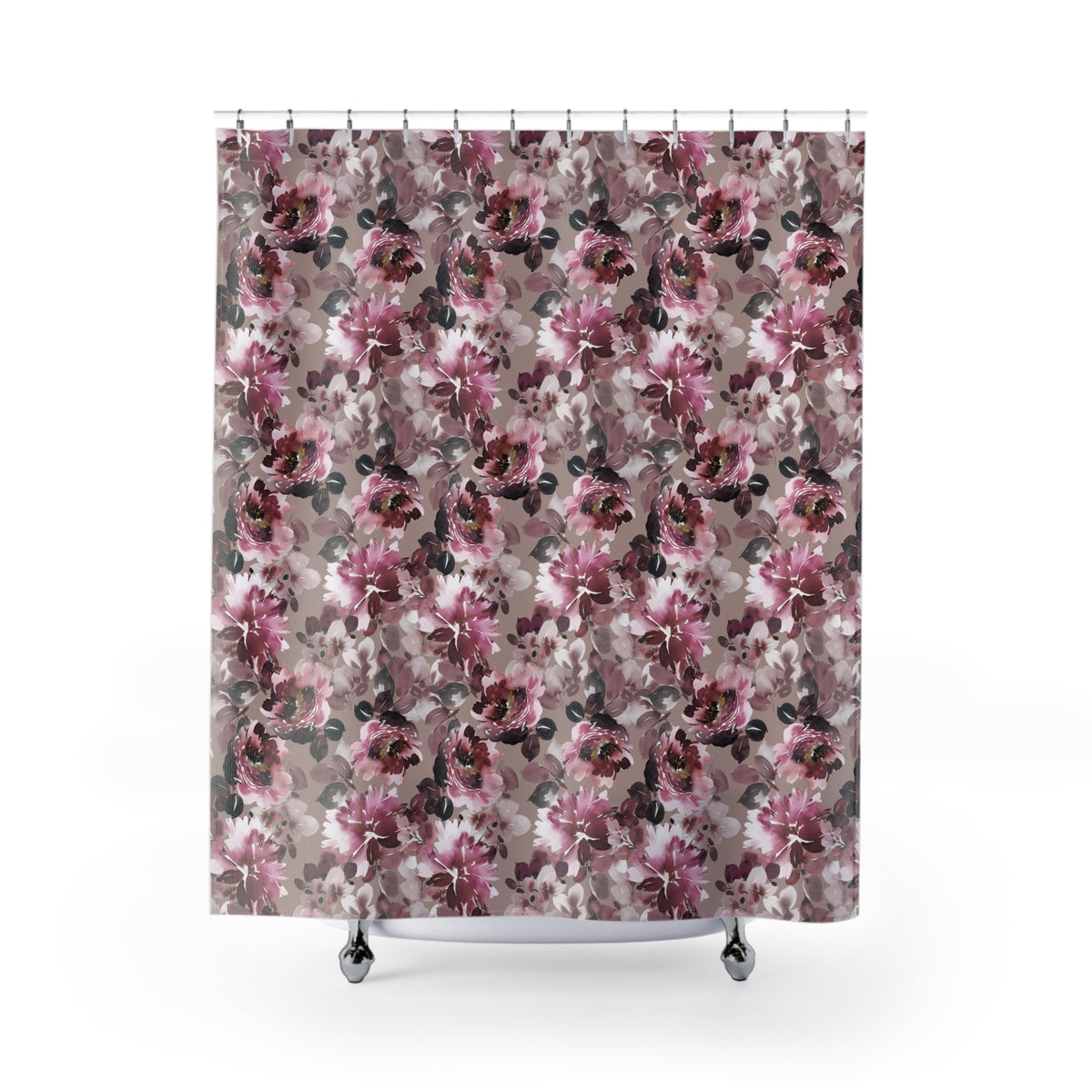 a shower curtain with a floral pattern in shades of pink and purple.