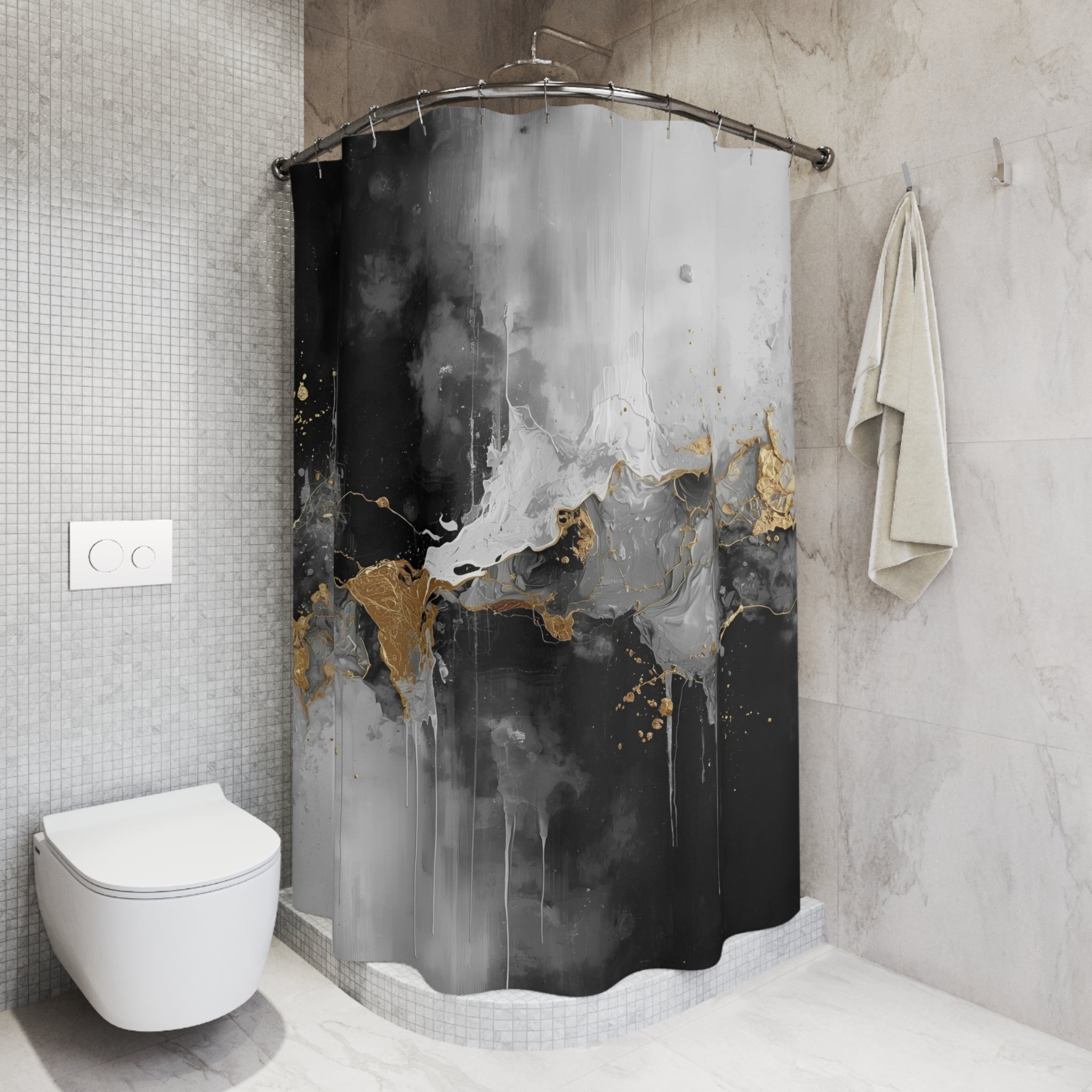 Abstract Shower Curtain | Moody Black Grey, Muted Gold Watercolor