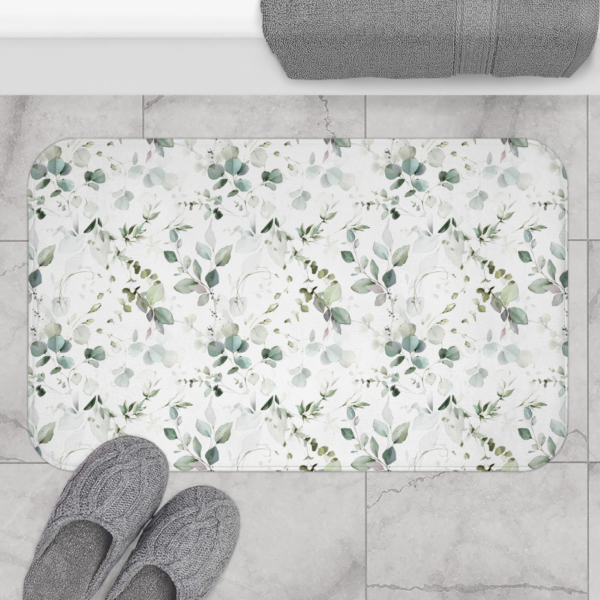 Floral Bath, Kitchen Mat | White Sage Green Leaves