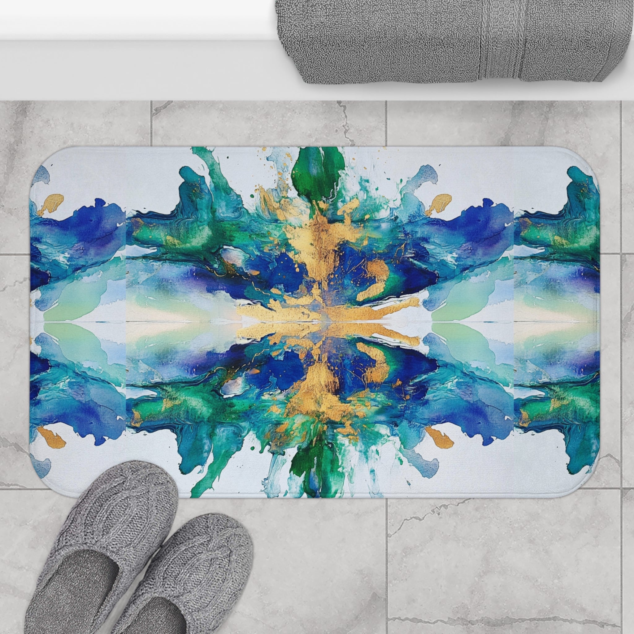 Colorful Bath Mat | Abstract Green Blue White Kitchen Mat