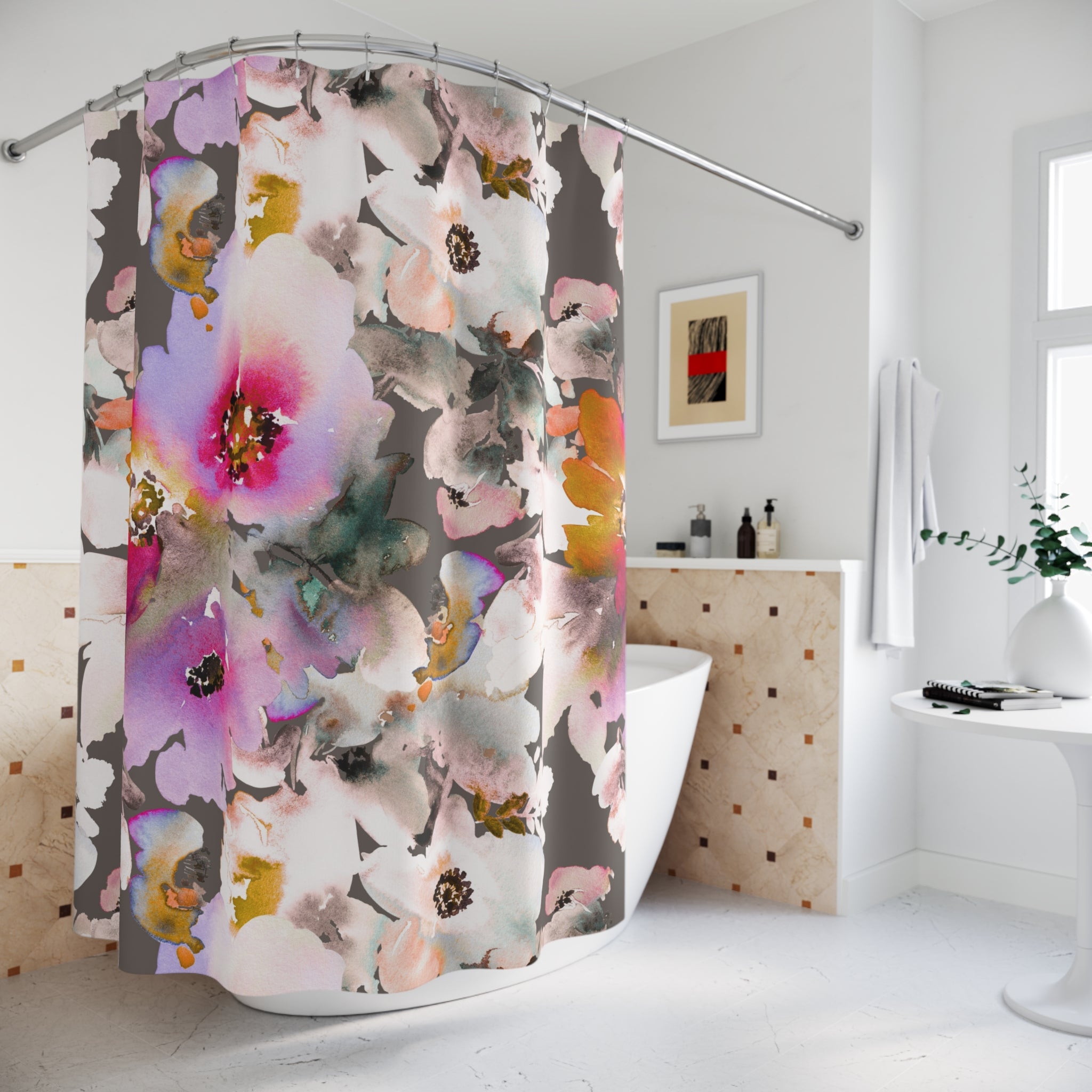 Floral Shower Curtain | White Pink Bathroom Decor