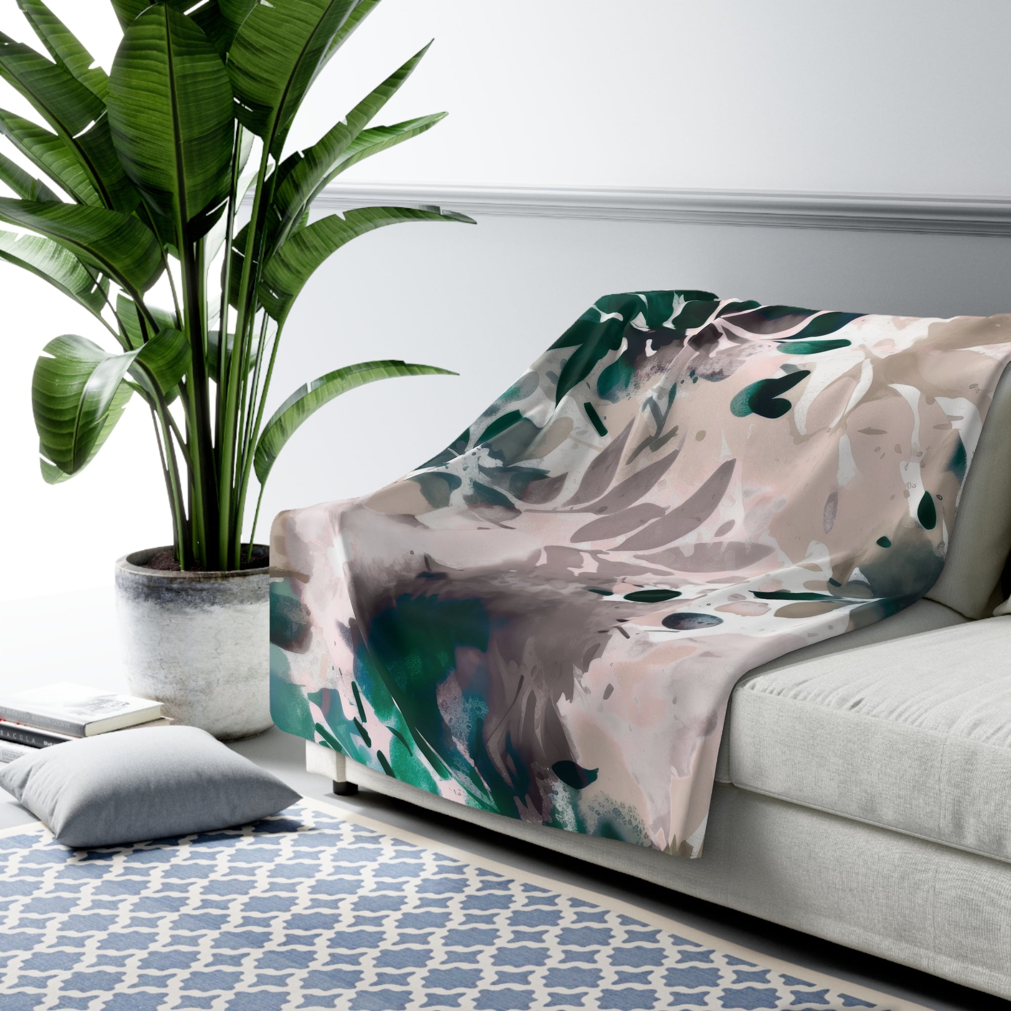 Floral Throw Blanket | Blush Pink Beige Green Watercolor