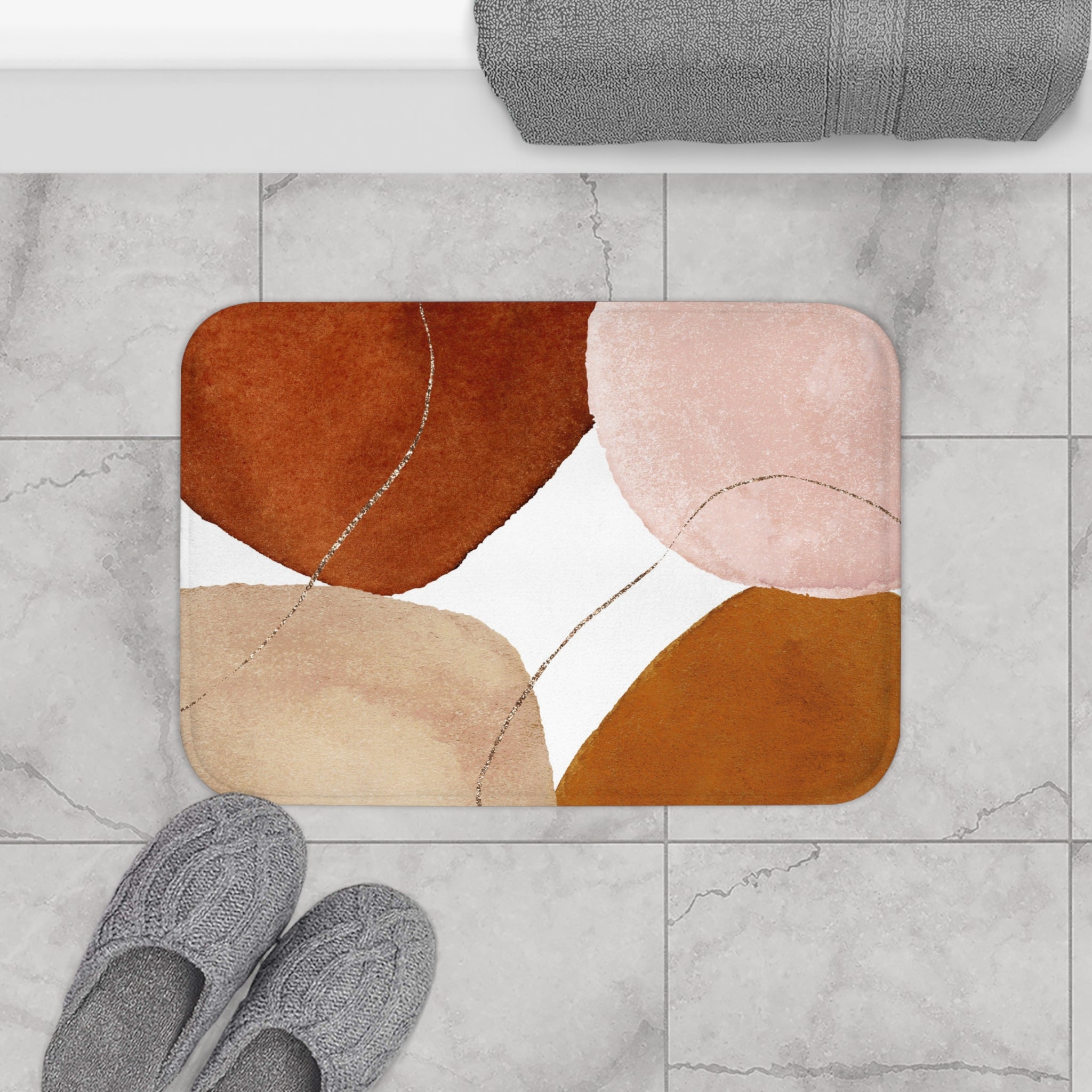 Abstract, Kitchen, Bath Mat | Rust Beige, Blush Pink Watercolor