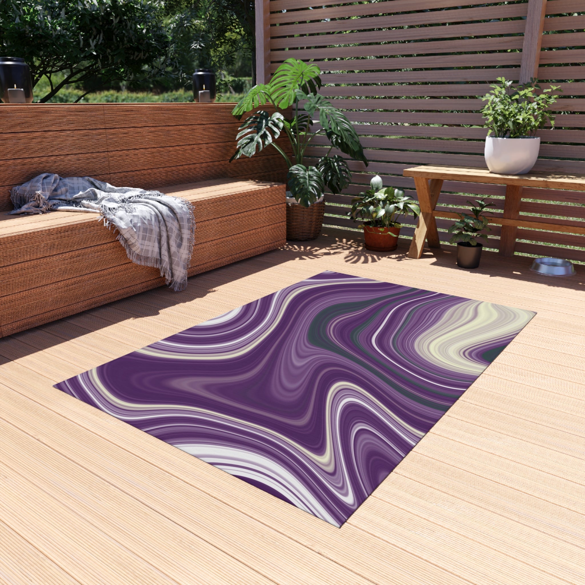 Abstract Outdoor Rug | Colorful Purple Green White Marble