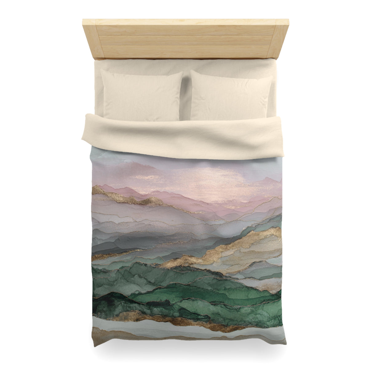 a bed with a colorful, abstract mountain landscape printed on the comforter.