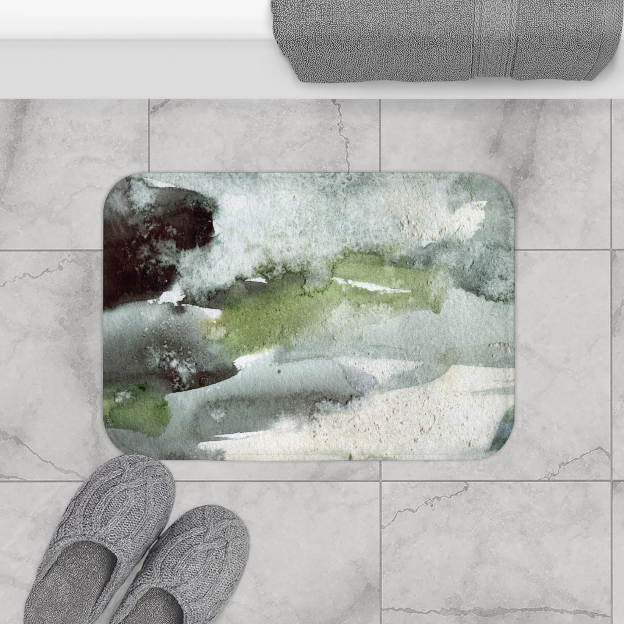 Abstract Bath, Kitchen Mat | Green Grey Watercolor
