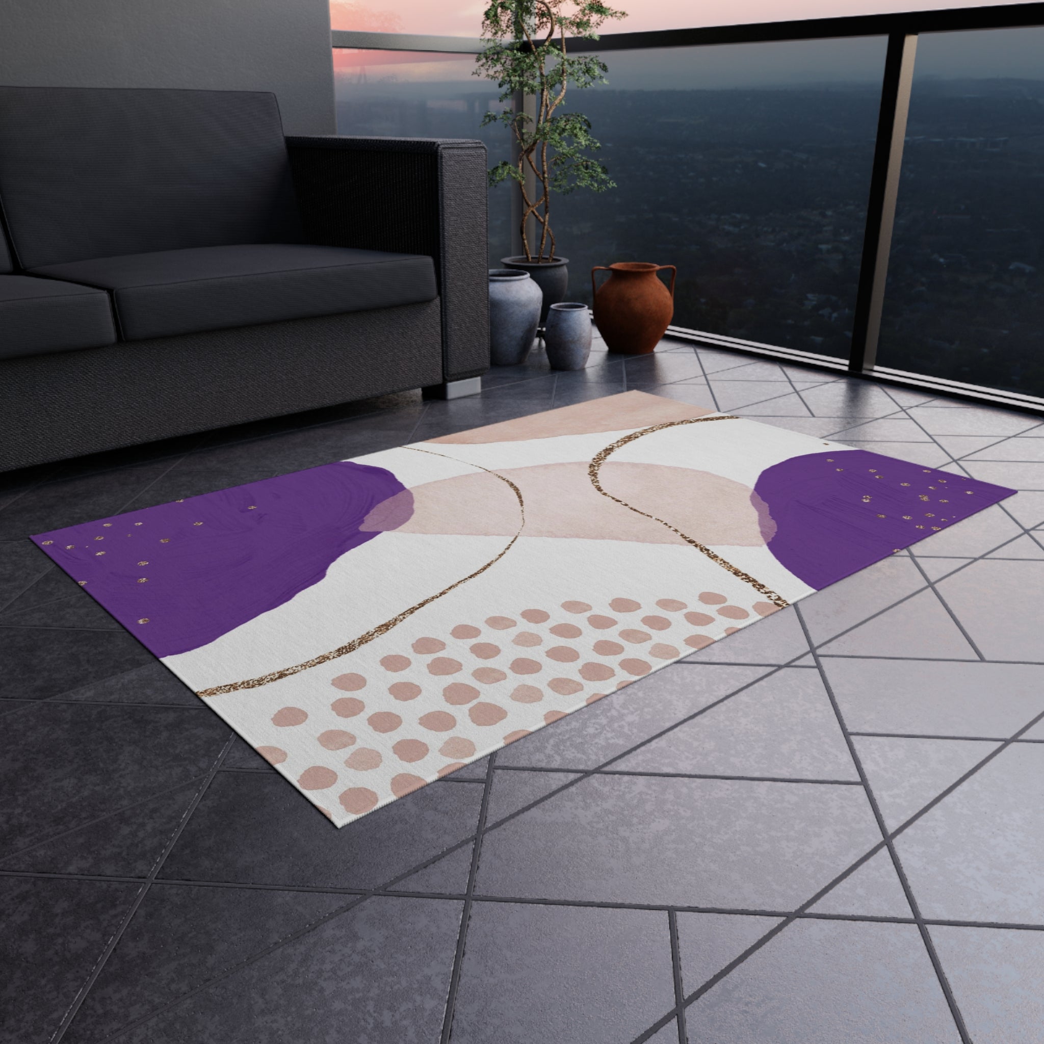 Abstract Large Outdoor Rug | Purple Pink White | Minimalist, Stylish Patio, Porch Floor Mat