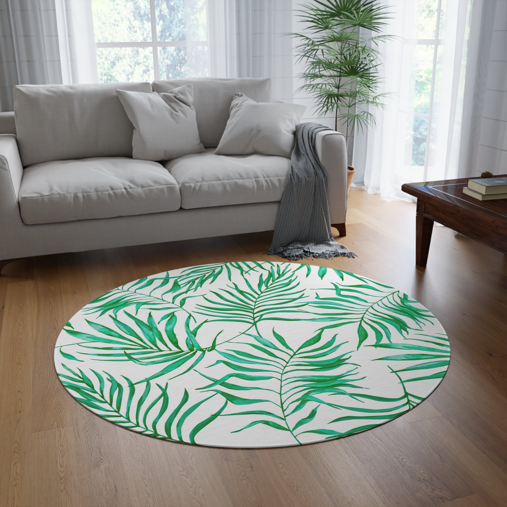 Floral Round Area Rug | Tropical Green Palm Leaves, White