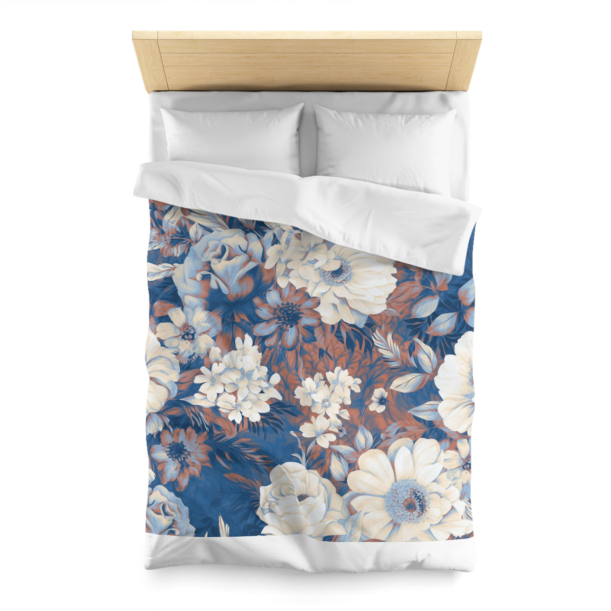 Cobalt Blue Vintage Floral Duvet Cover | Rust Cream Peony Rose Bedding