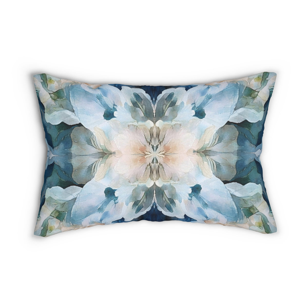 A decorative pillow with a symmetrical floral pattern in shades of blue, green, and white.