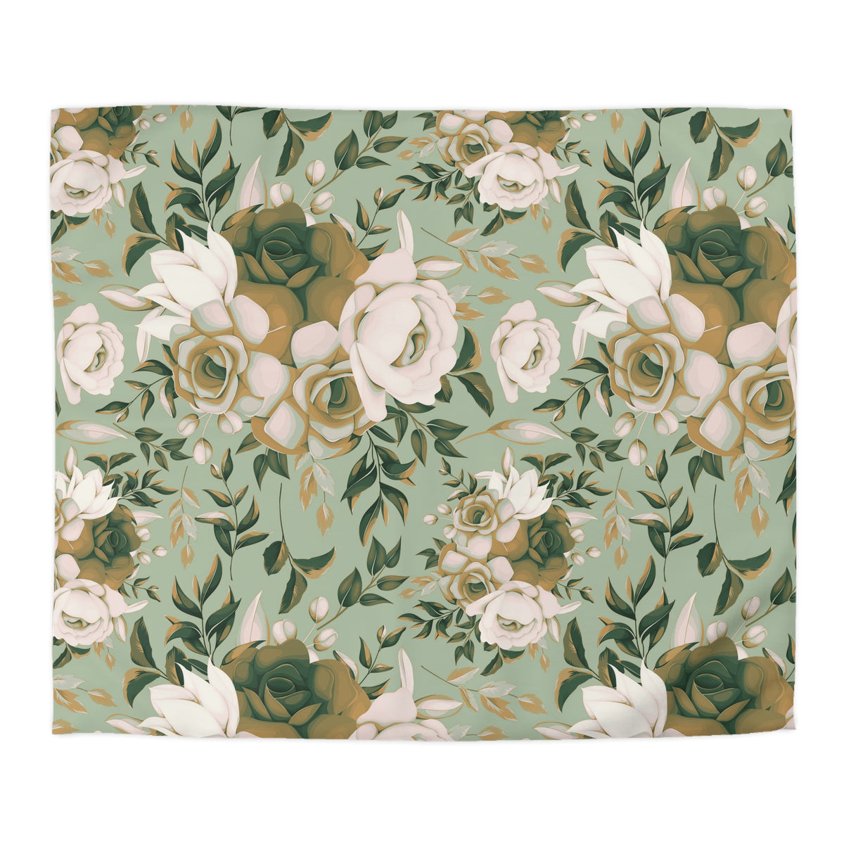 a repeating floral pattern with white and green flowers and leaves against a light green background.