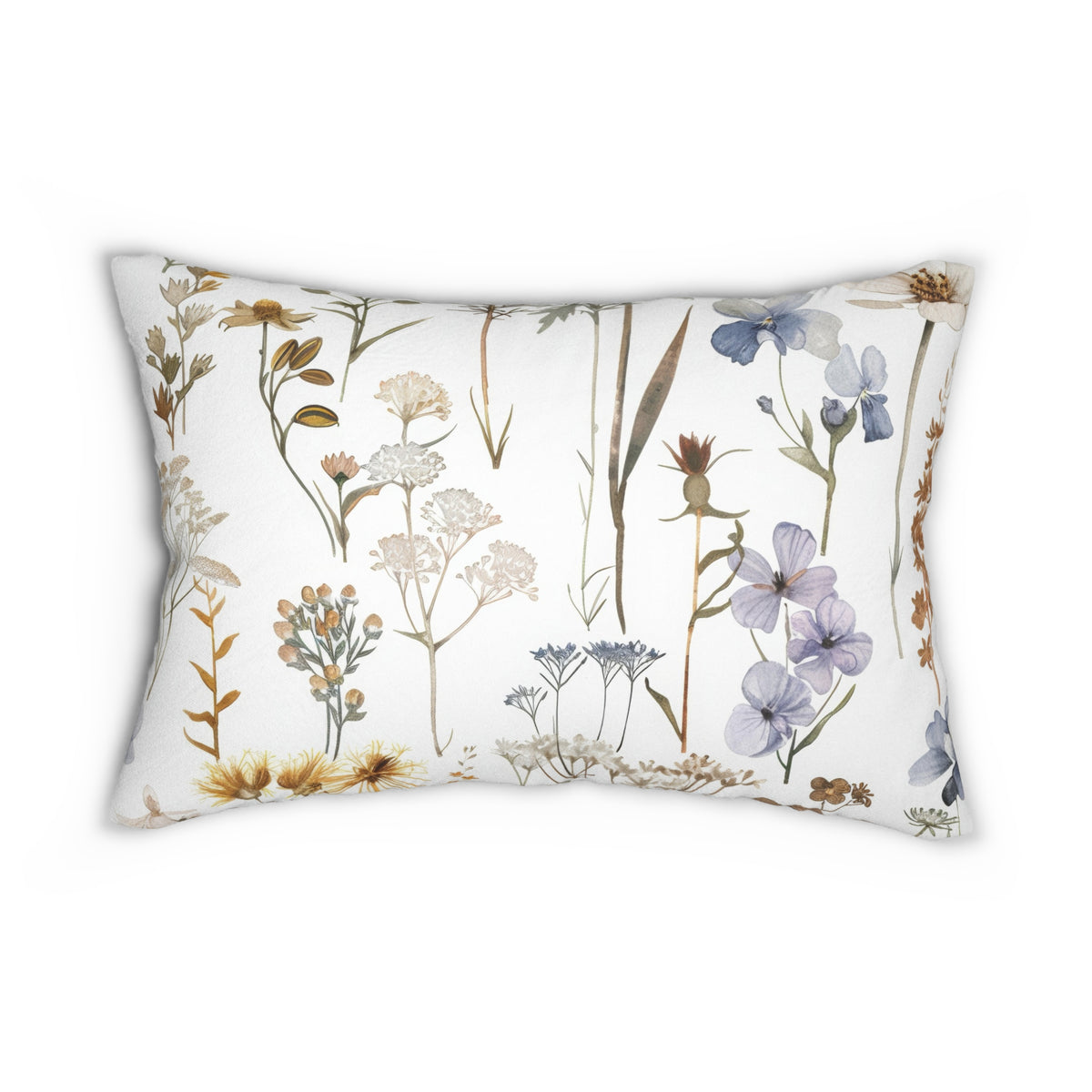 a white pillow with a floral print design.