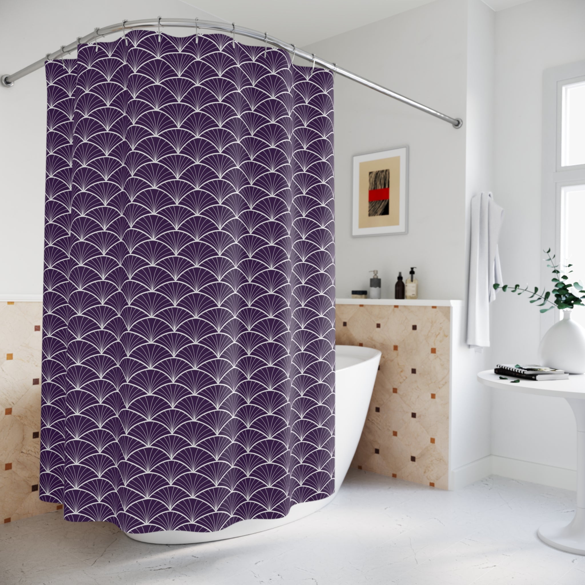 Boho Art Deco Shower Curtain | Purple White Art Nouveau