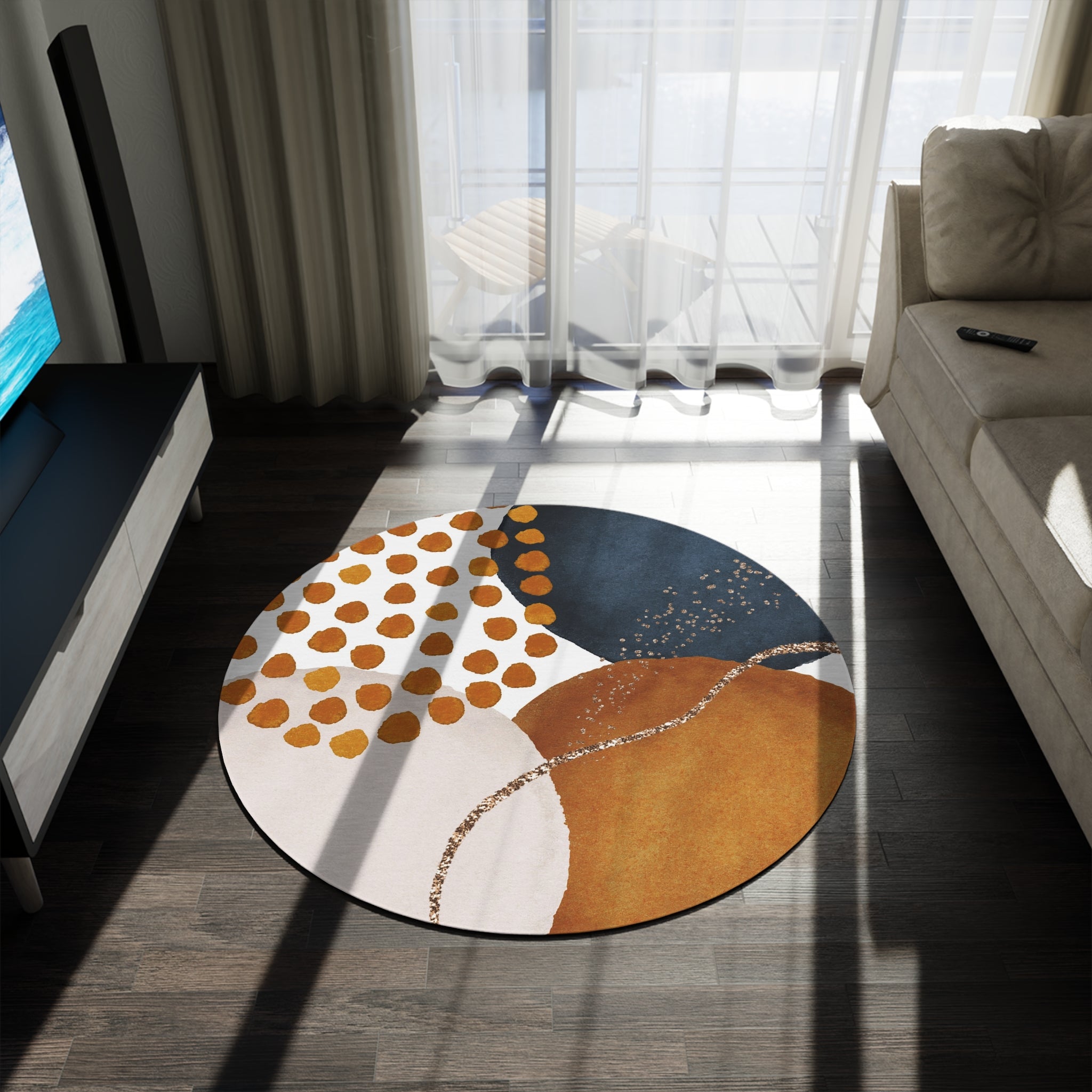 Watercolor Round Area Rug | Burnt Orange, Navy Beige