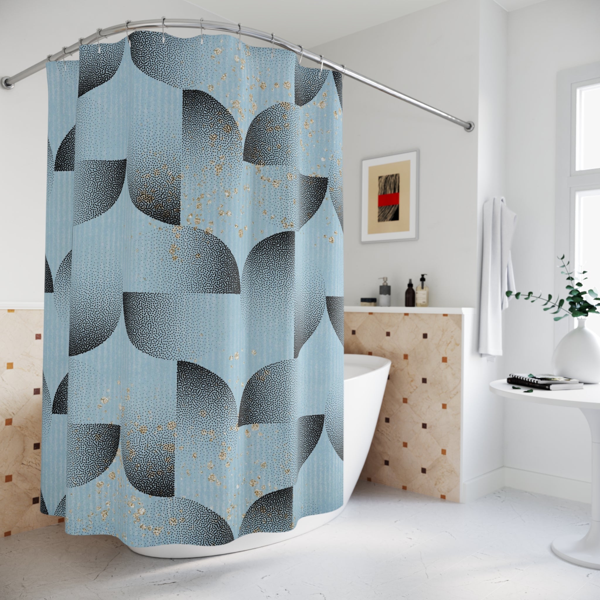 Dusty Blue Shower Curtain | Black Geometric, Gold Dust