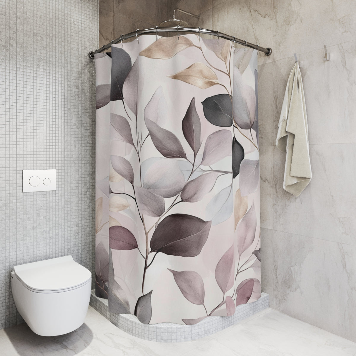 a bathroom with a shower curtain adorned with a leaf pattern in shades of pink and gray. The shower curtain is hanging on a rod next to a towel rack. The bathroom also includes a toilet and a sink.