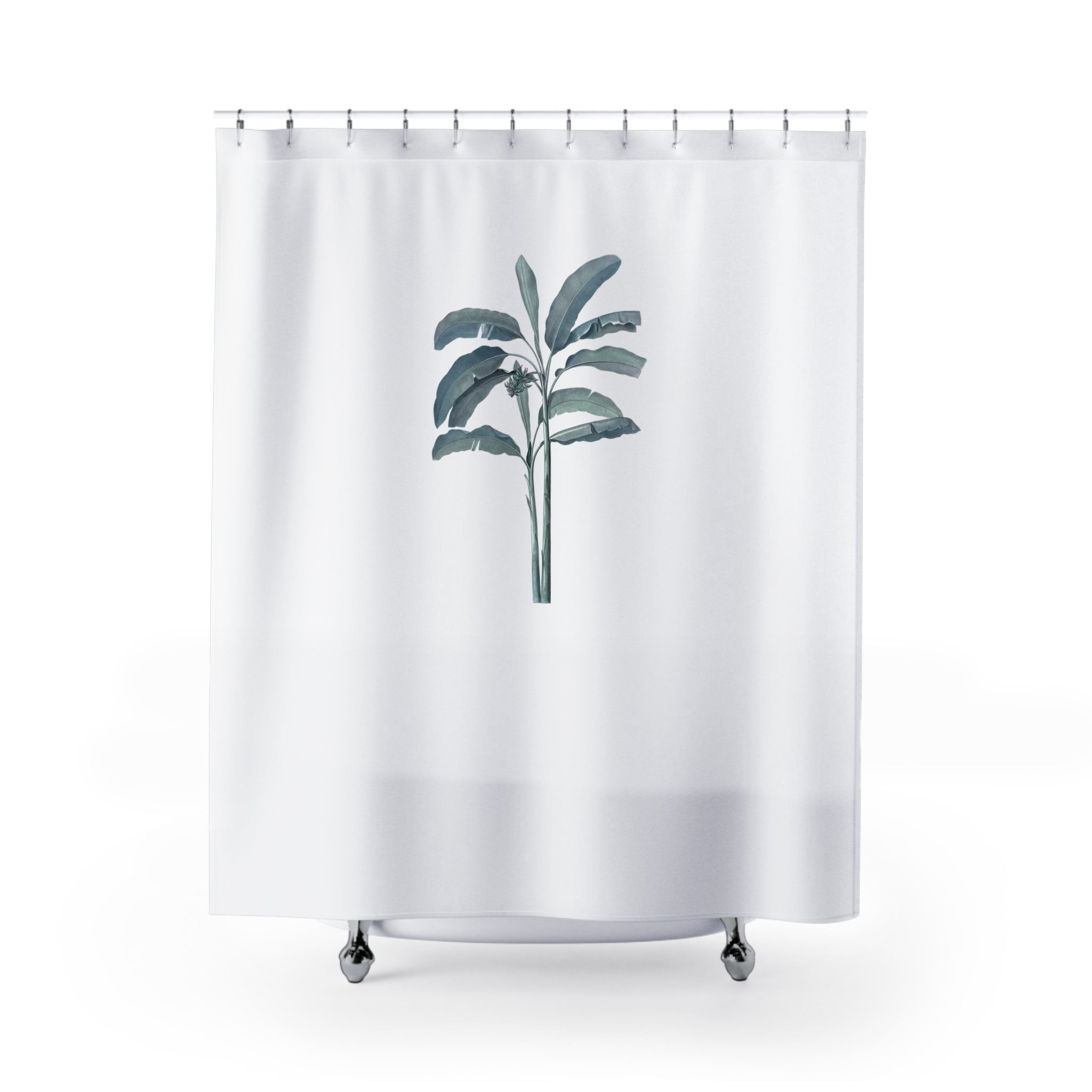 Boho Shower Curtain | White Blue Banana Leaves Jungle Fabric Curtain