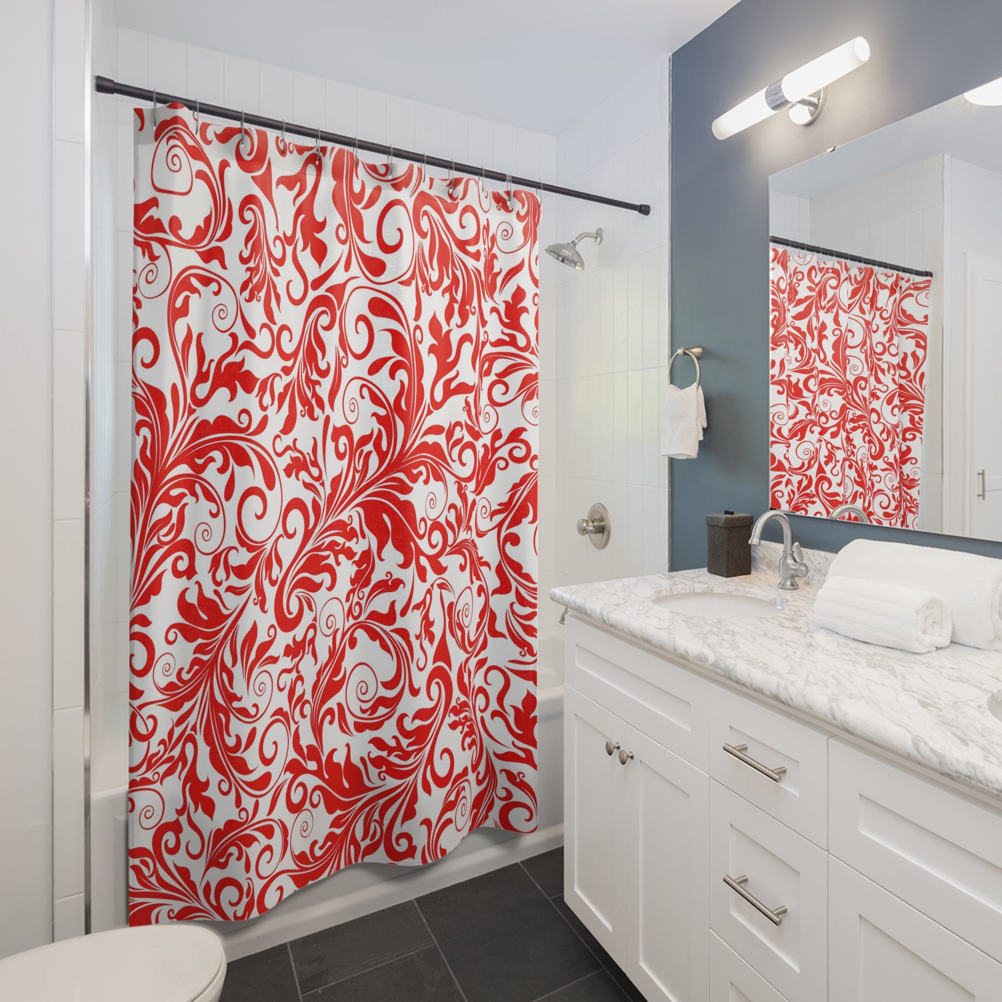 Art Nouveau Shower Curtain | Red White Fabric Curtain