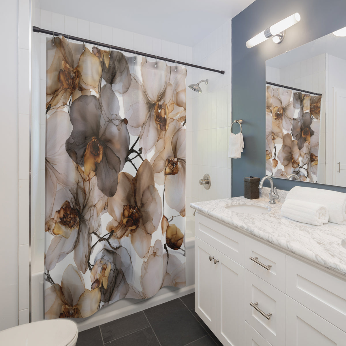 Grey Taupe Ink Orchid Shower Curtain, Bath Curtain 71x74