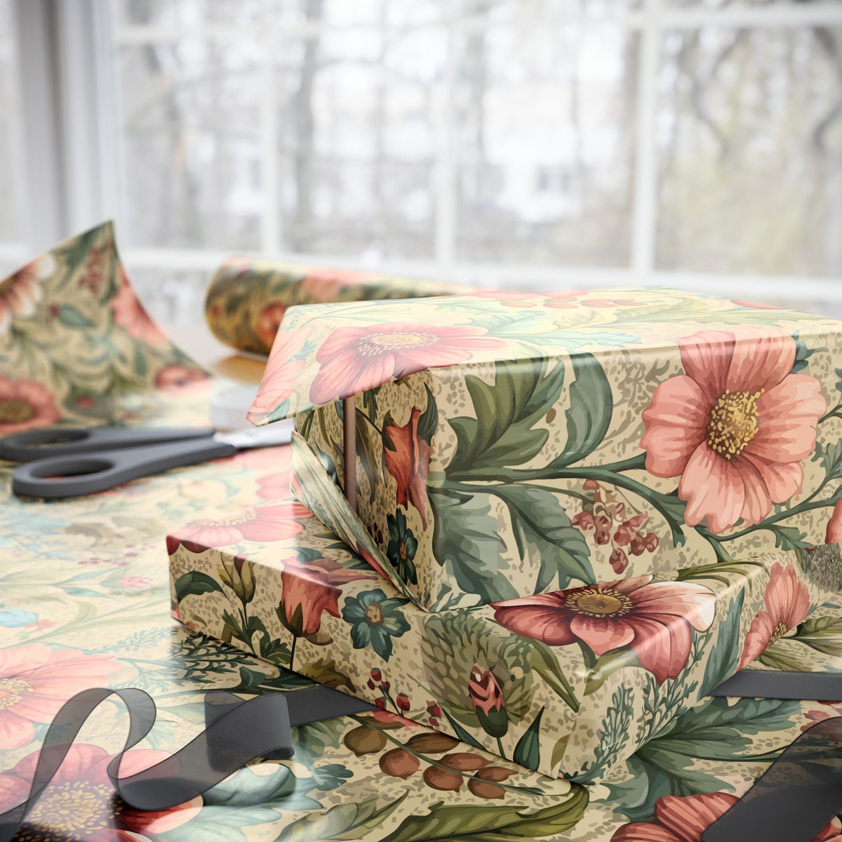 Pink Sage Green Chintz Floral Wrapping Paper, Gift Wrap