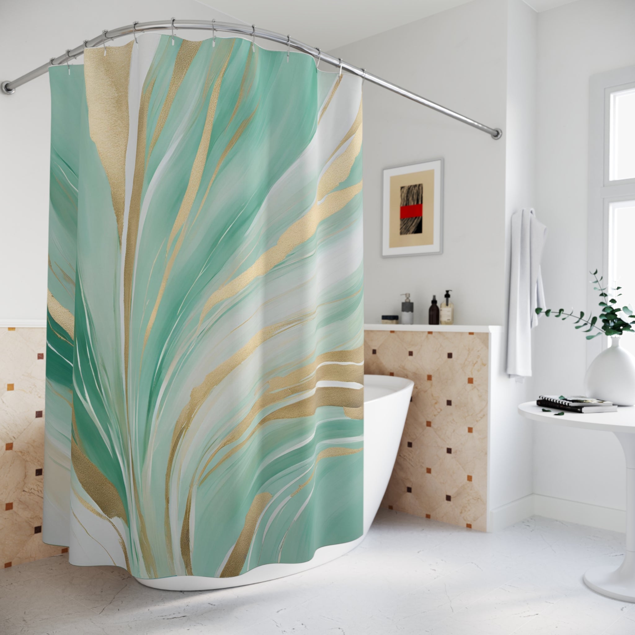 Boho Abstract Shower Curtain | Mint Sage Green, Muted Gold
