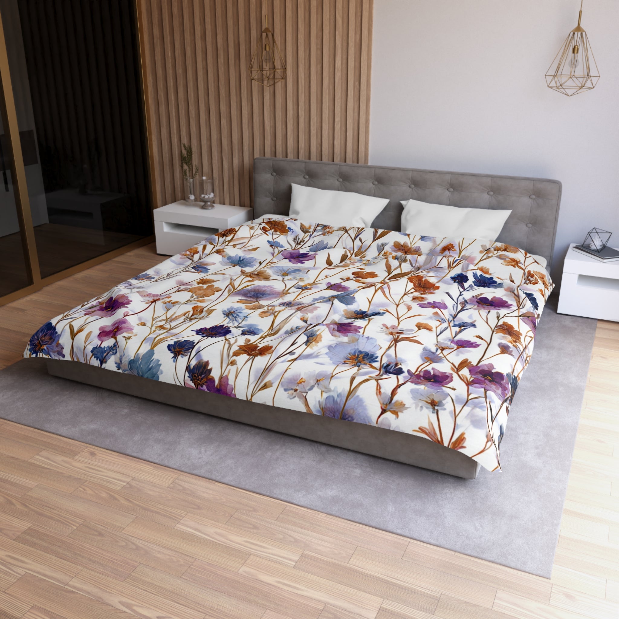 Floral Modern Duvet, Pillow Cover | White Purple Bedroom Decor
