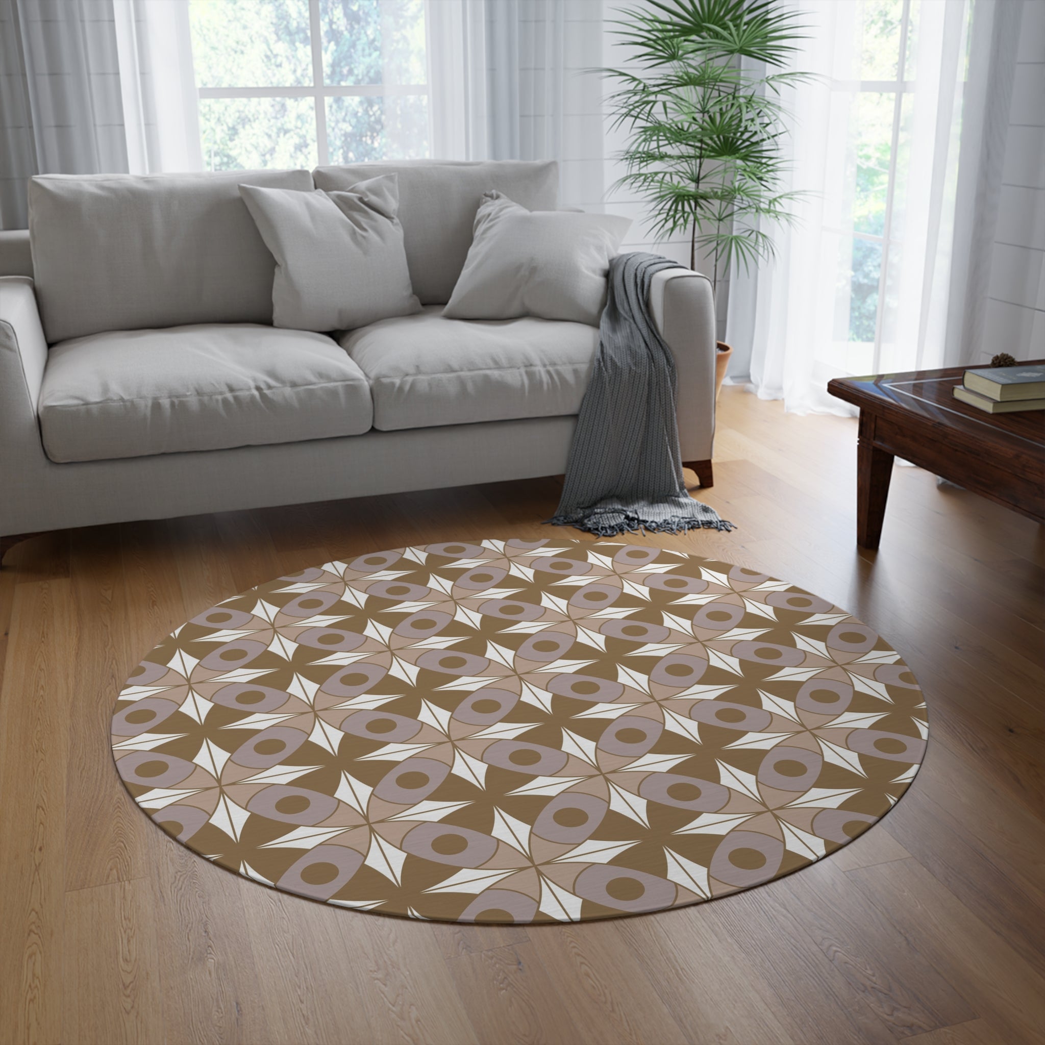 Retro Round Area Rug | Vintage Art Deco, Nouveau Beige Taupe, White