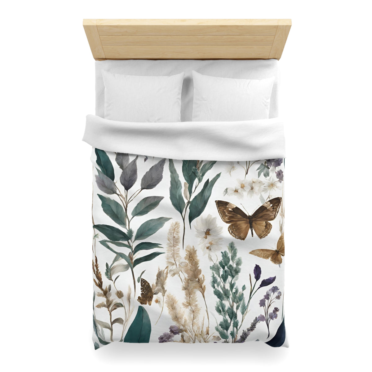a bed with a white comforter and a printed design featuring various plants and butterflies.