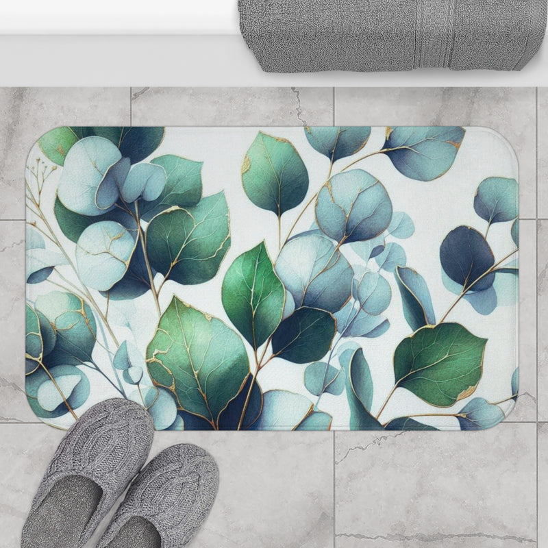 Floral Bath Mat, Kitchen Mat | Forest Green, Pale Blue Eucalyptus Leavea