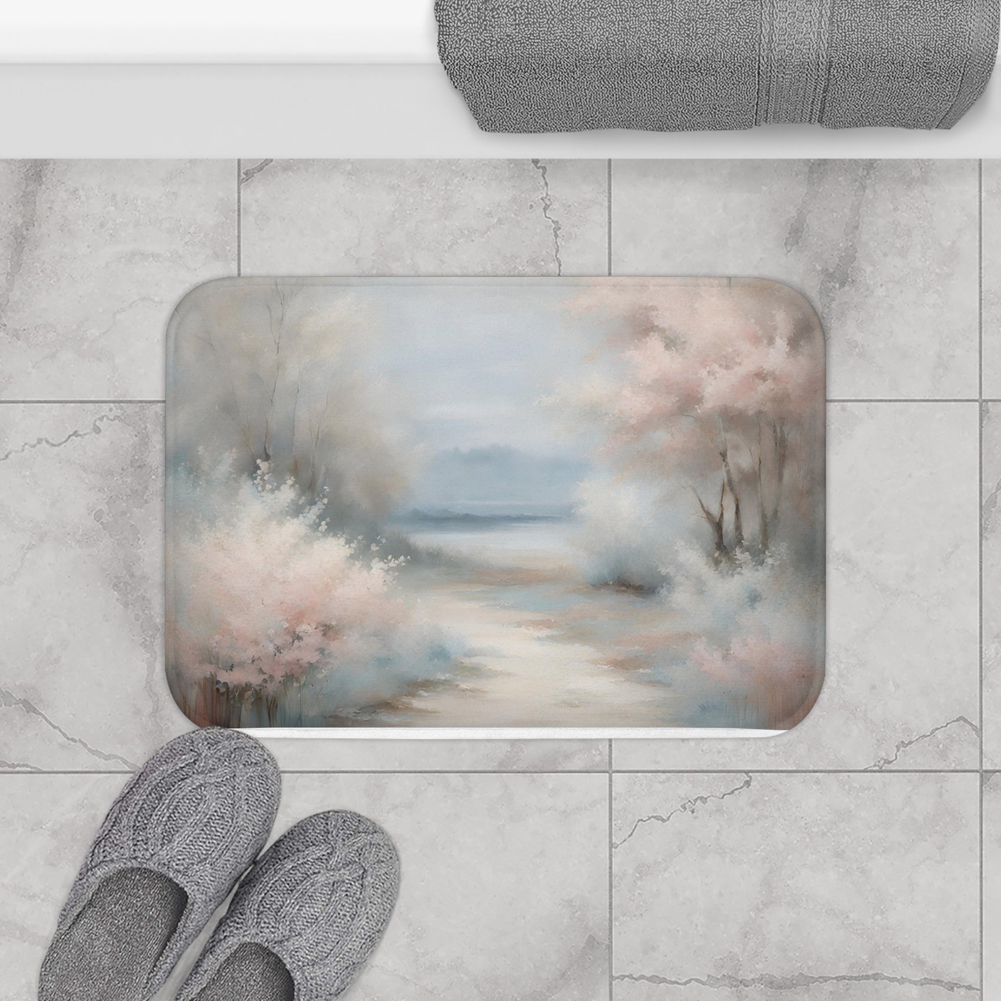 Boho Abstract Bath Mat | Pastel Pink Blue, Landscape Nature Kitchen Mat