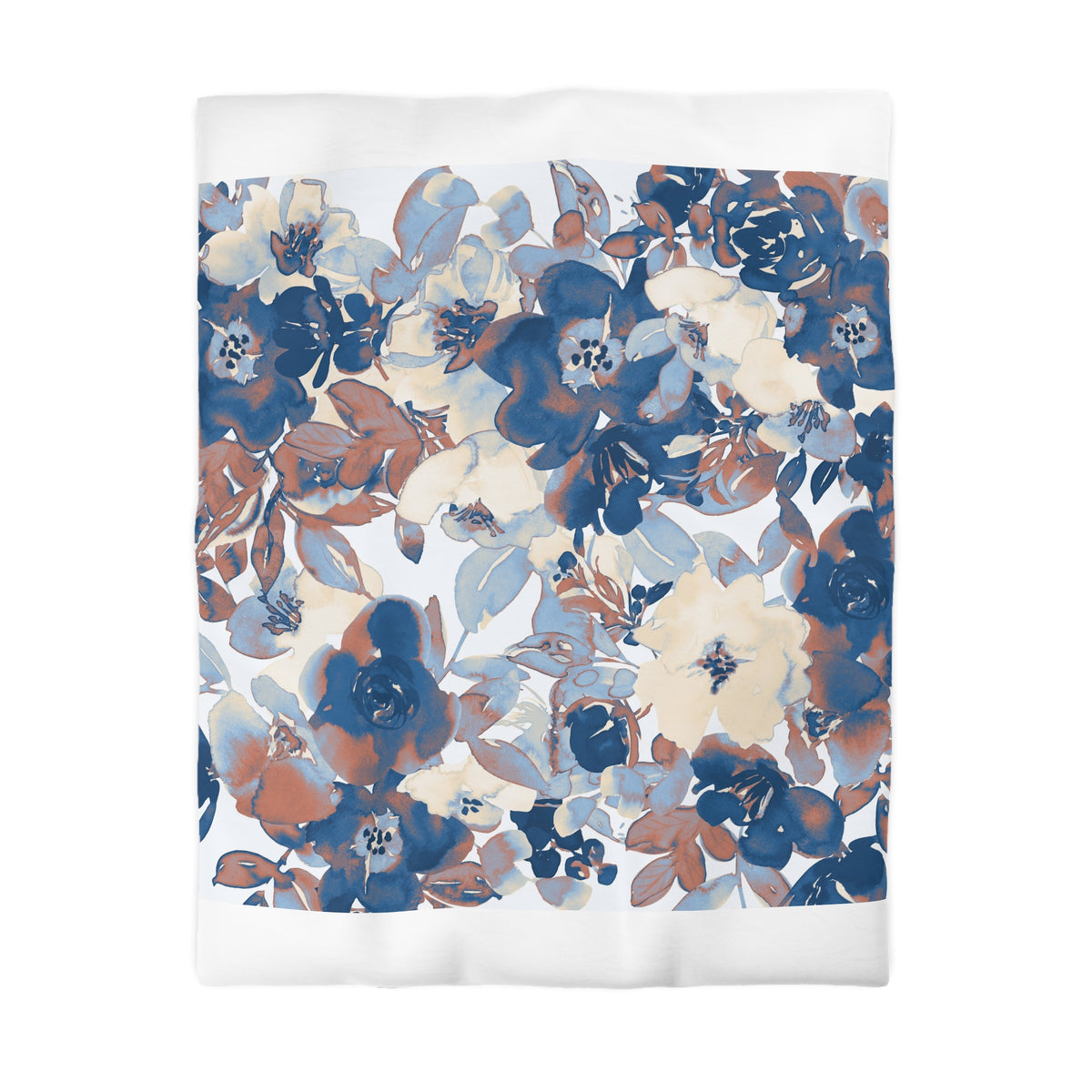 a vibrant floral pattern with various shades of blue, white, and brown flowers and leaves. The pattern is displayed on a white background, creating a visually striking contrast.