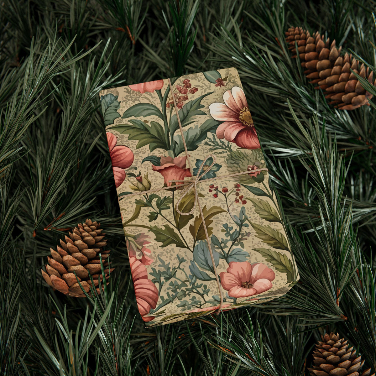 Pink Sage Green Chintz Floral Wrapping Paper, Gift Wrap